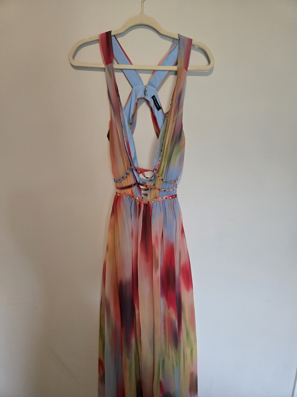 Multicolor Watercolor Backless Maxi Dress with Beaded Waist